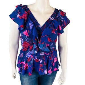 Sofia Jeans Womans Large Bouse Purple Floral Ruffle‎ V-Neck Smocked
